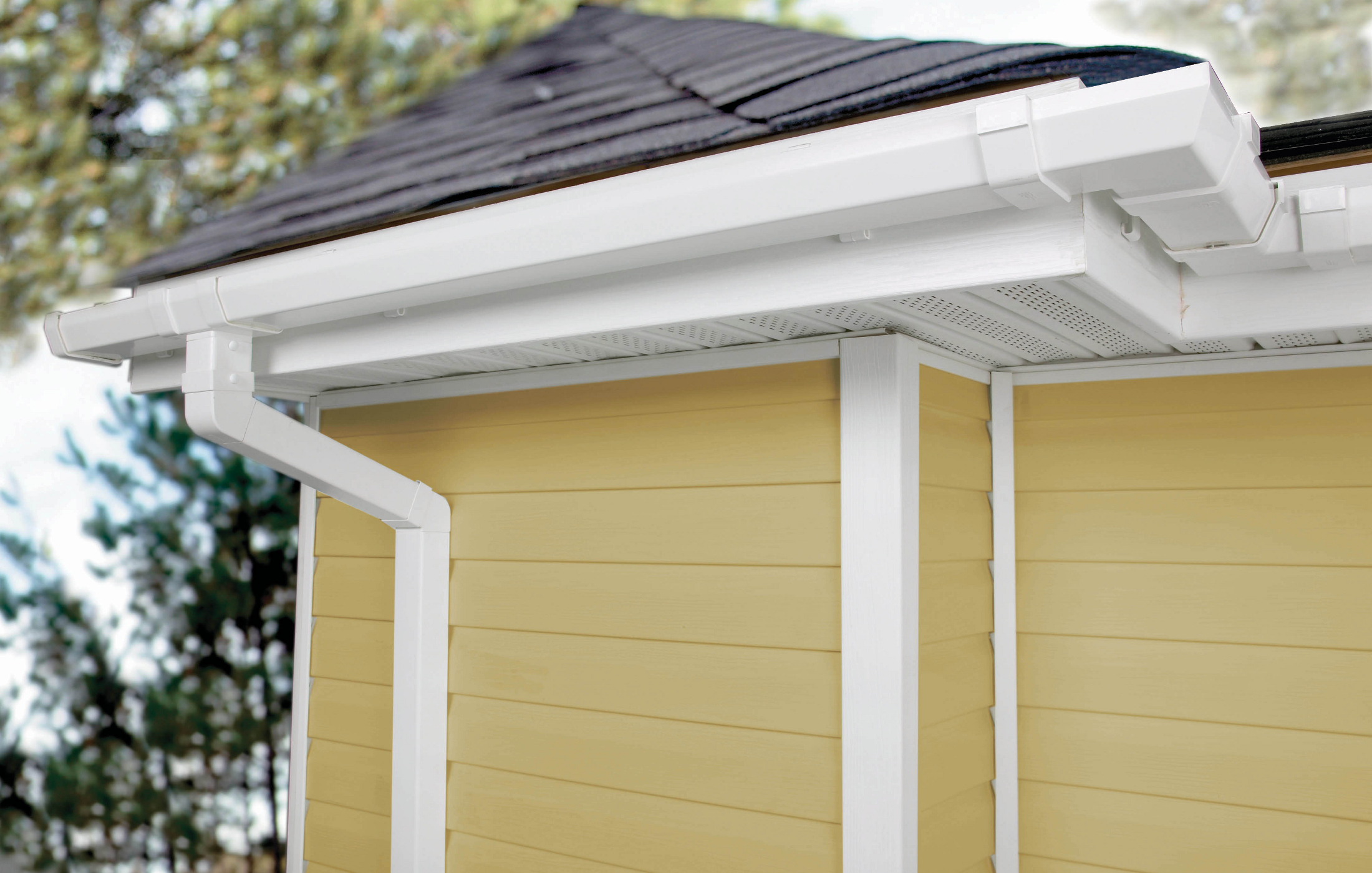 The Contemporary Vinyl Gutter System is durable, scratch resistant